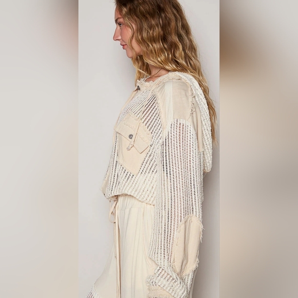 POL Open Knit Contrast Hooded Shacket W/ Hoodie. Sz L NWOT - Picture 2 of 8